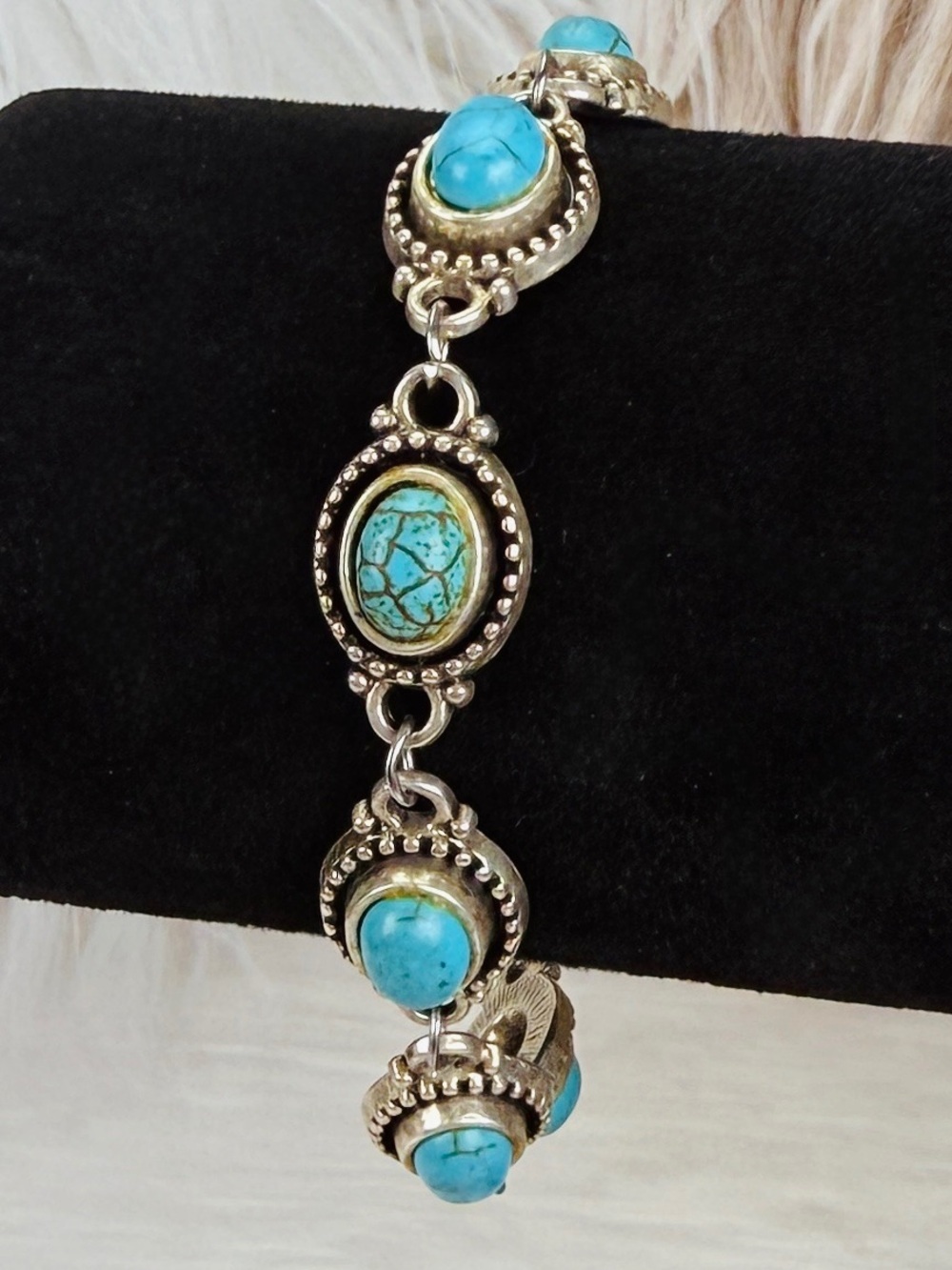 Aged Silvertone, blue raised faux turquoise blue southwestern style bracelet